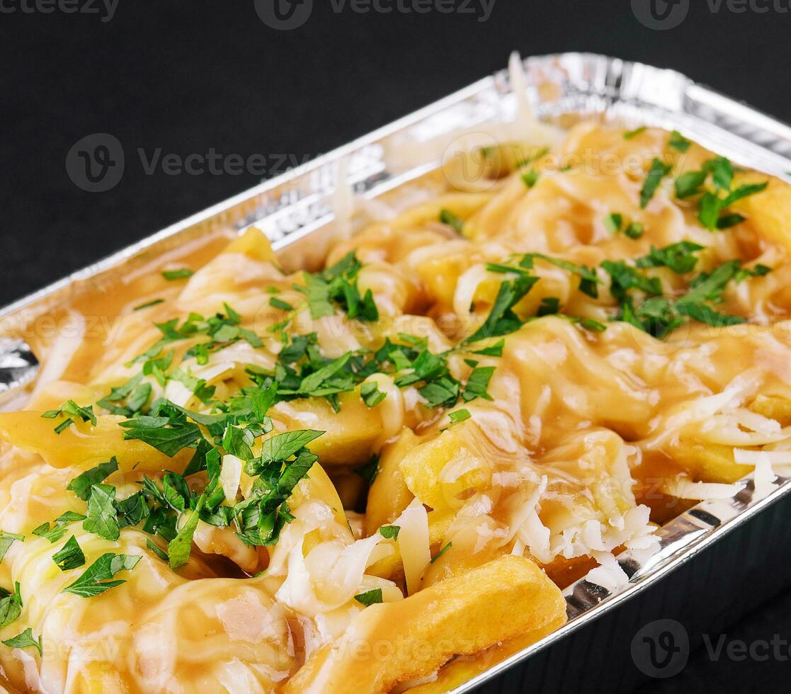 delicious french fries with cheese sauce photo