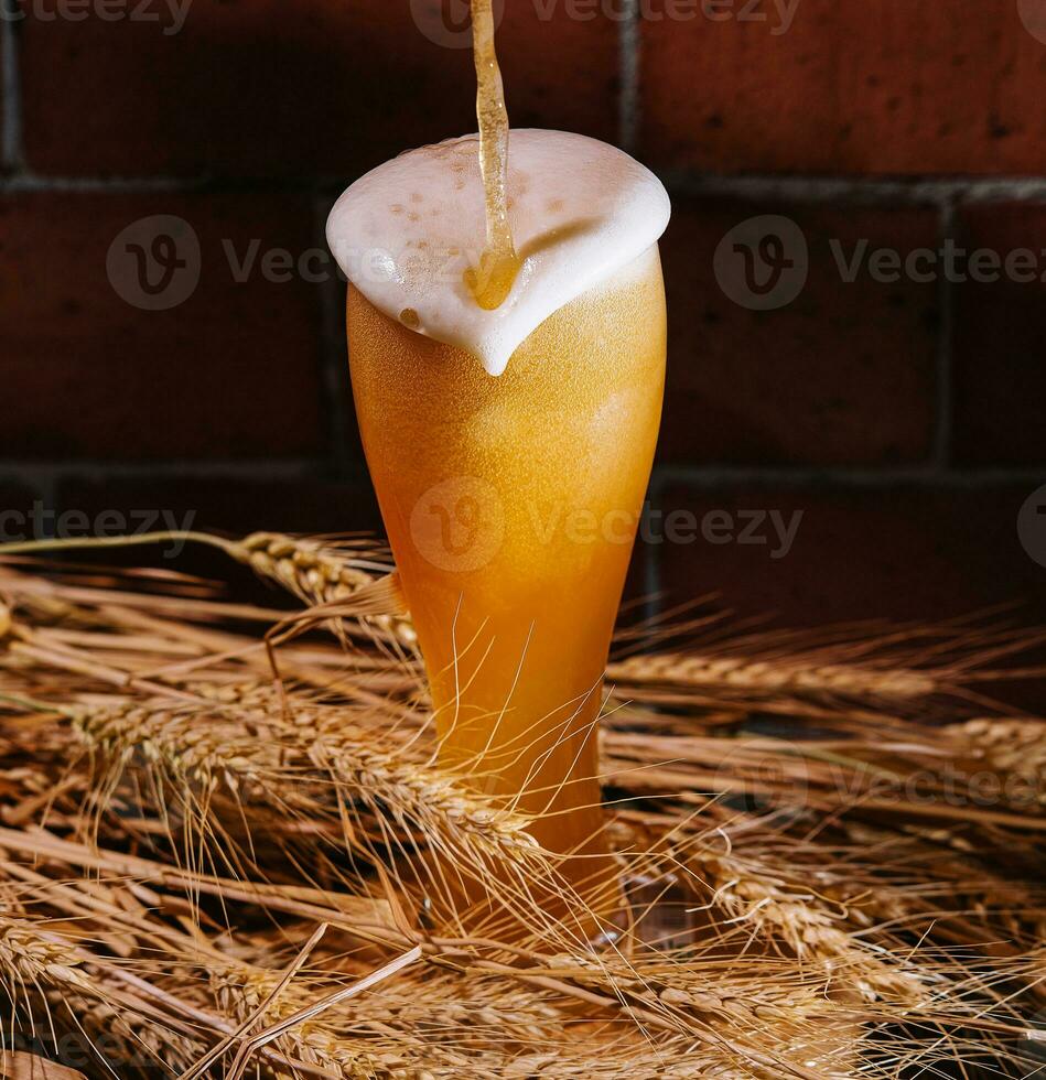 torrencial cerveza dentro vaso con trigo orejas foto