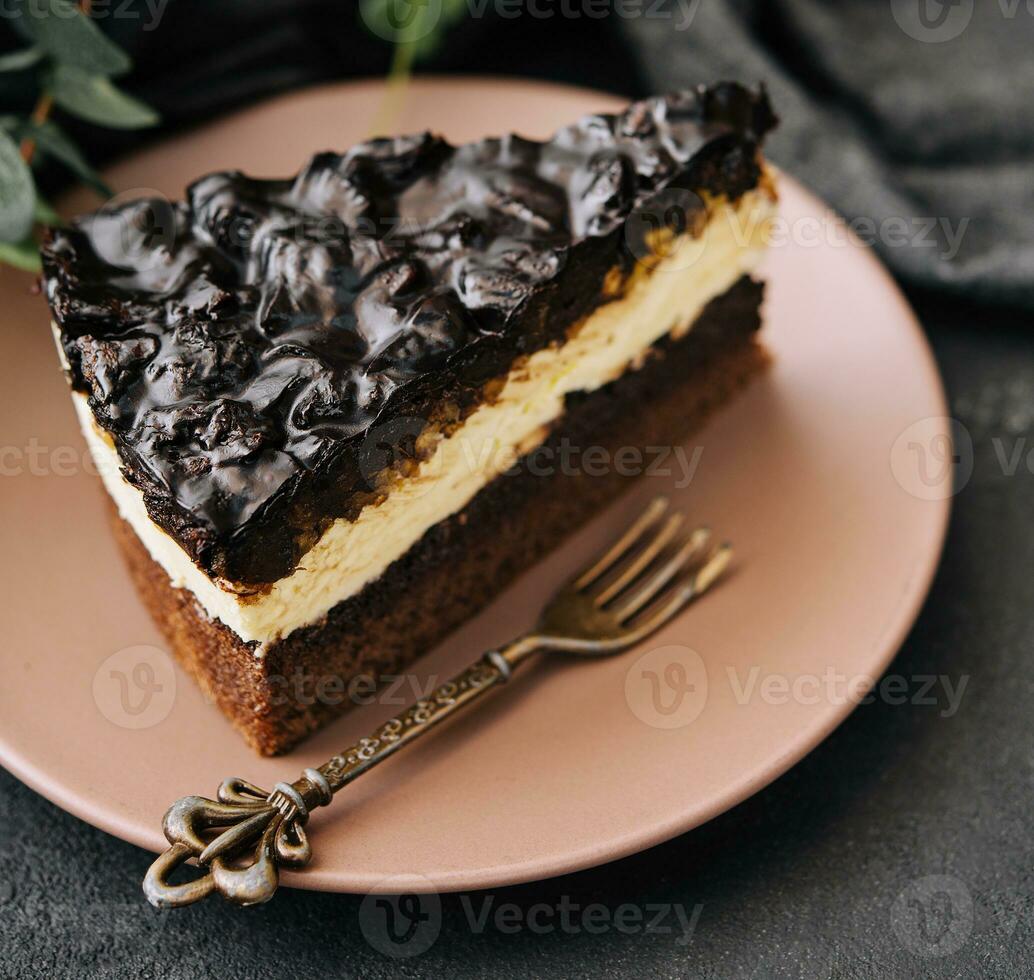 Chocolate, caramel, peanut cake, snickers on a plate photo