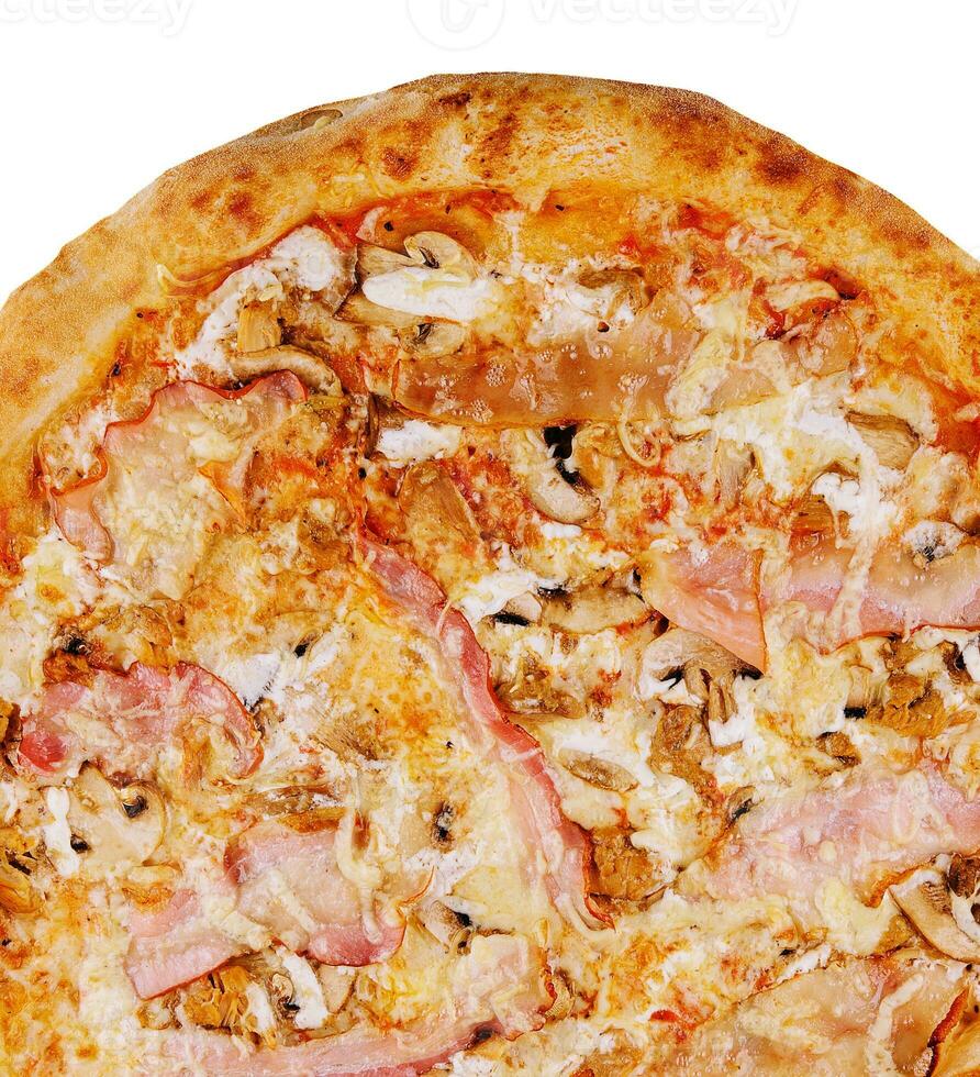 pizza with mushrooms and bacon on top view photo