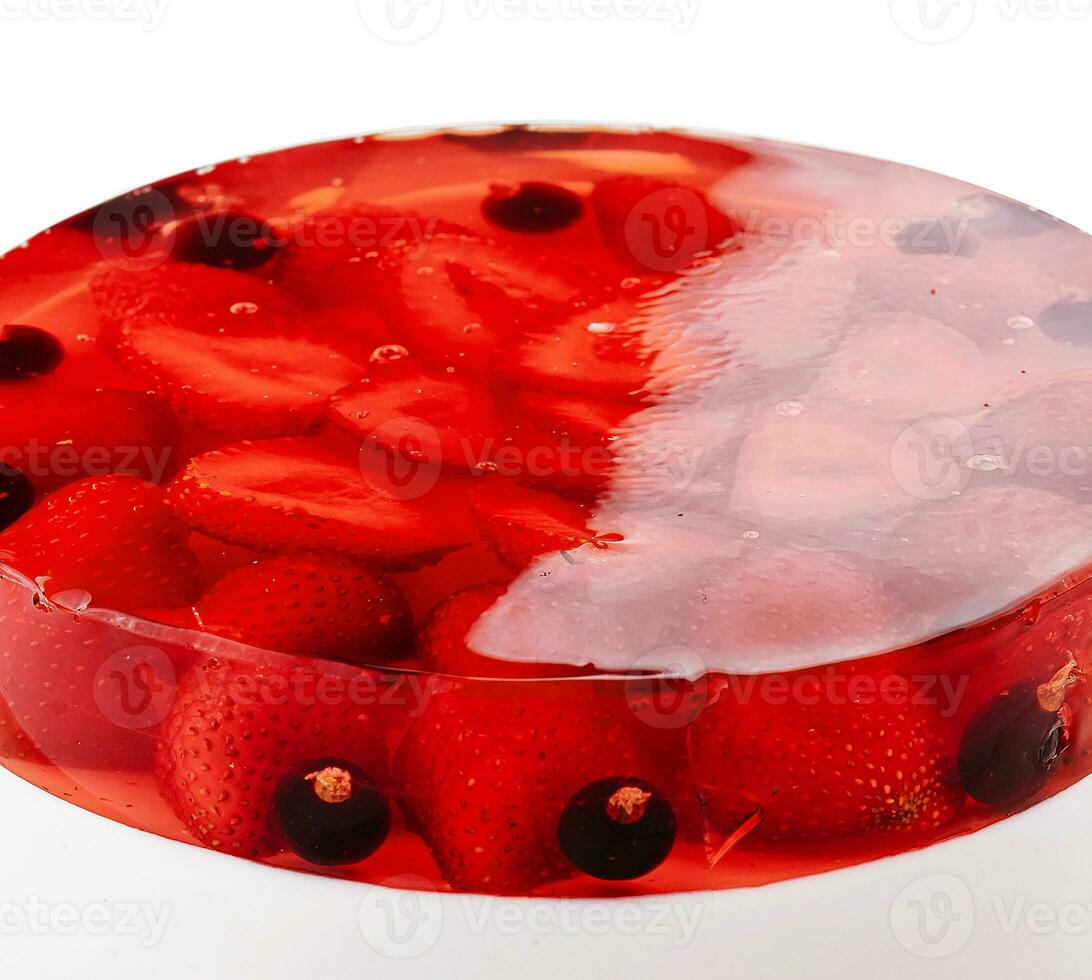 Fresh strawberry with currant jelly cake close up photo