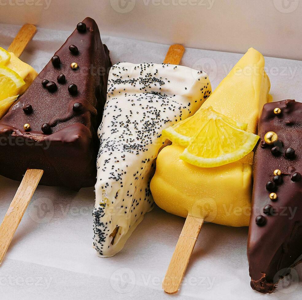 Assortment of various ice cream in box photo