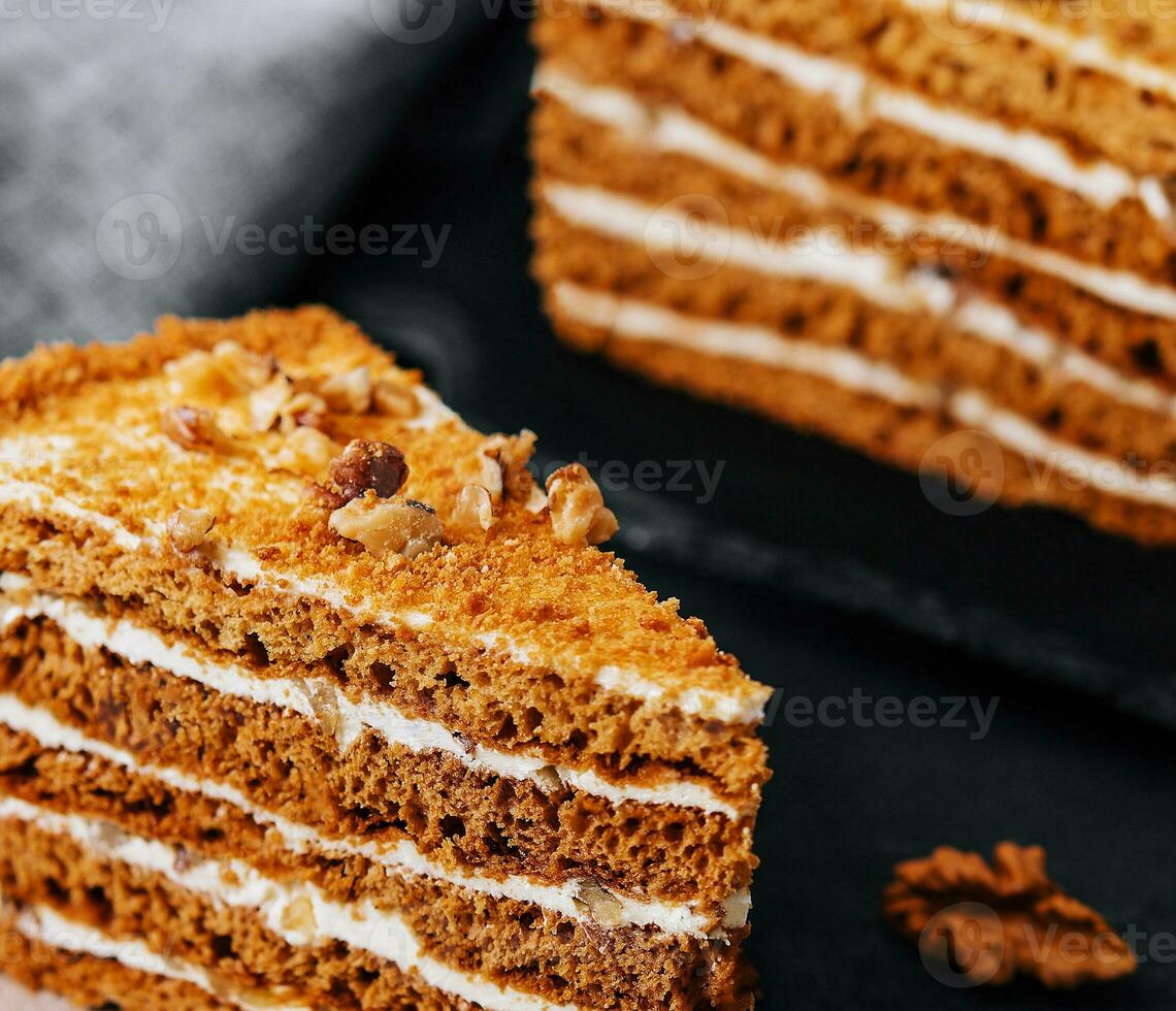 Slice of honey cake close up photo