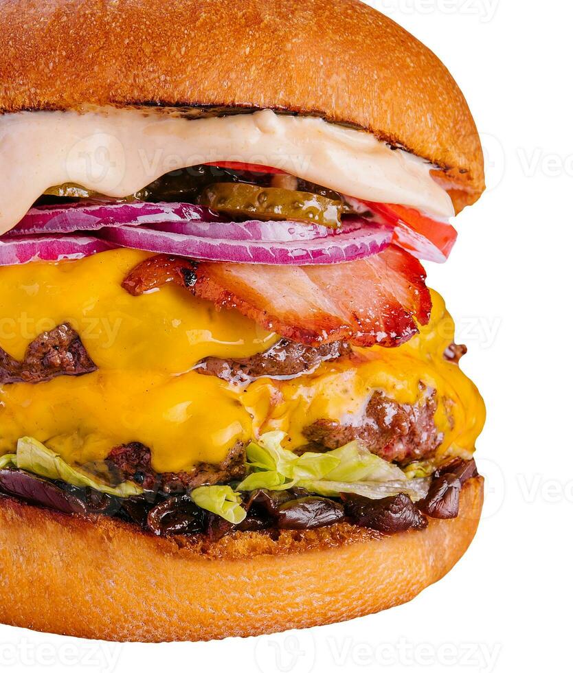Bacon cheese burger with beef patty tomato onion photo
