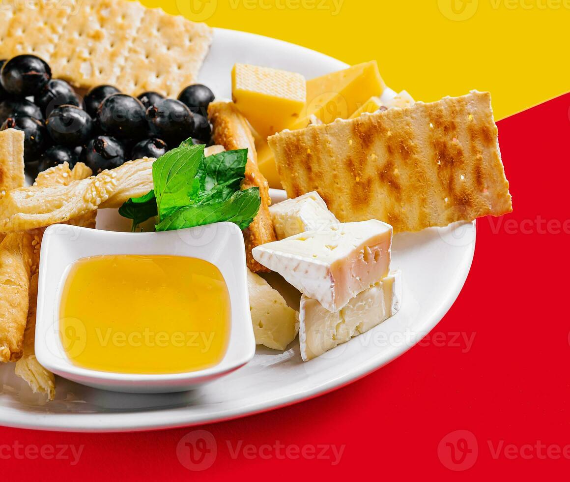 Different types of cheese on a white plate photo