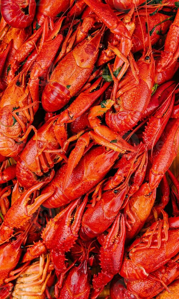 Fragrant boiled crayfish on a wooden board photo