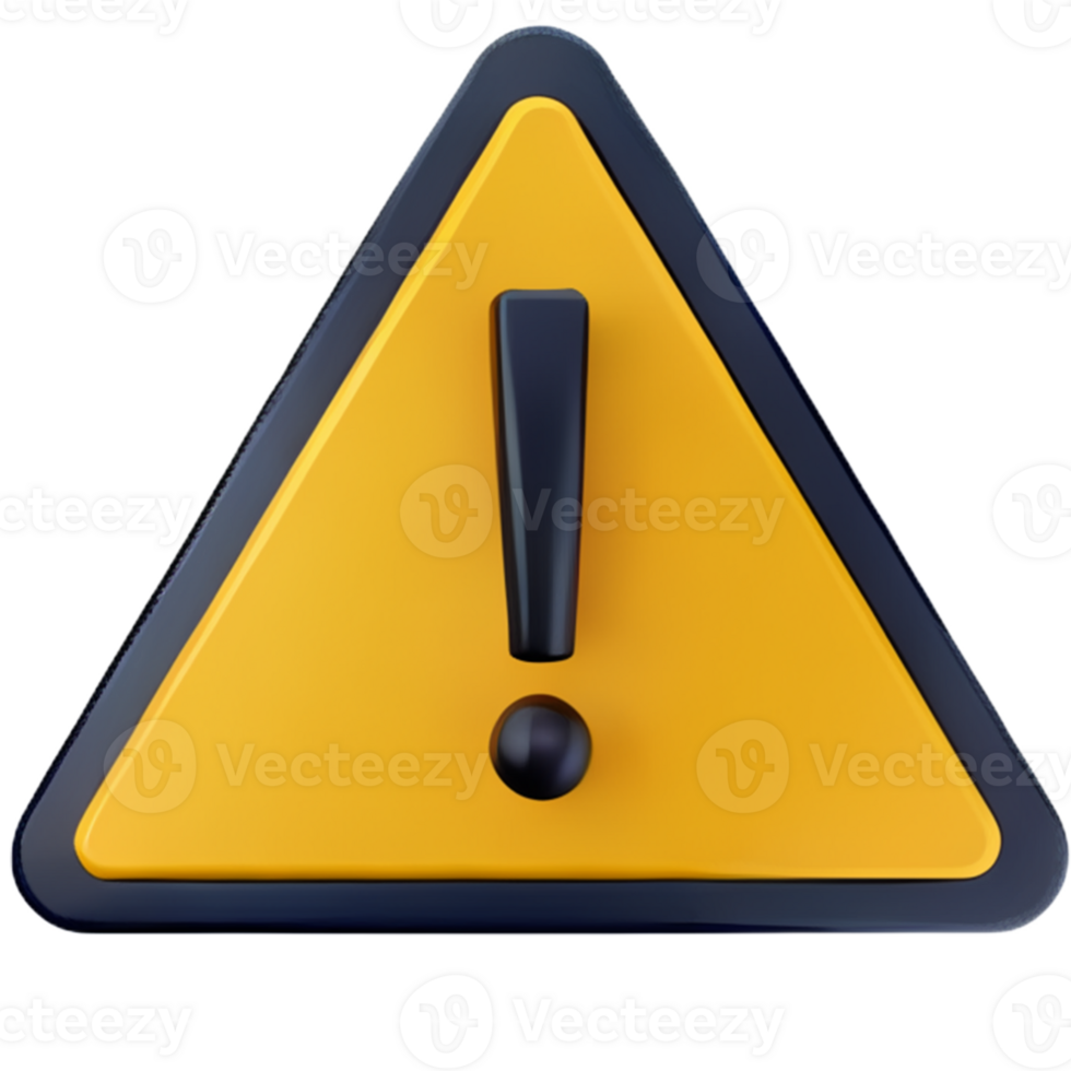 3D exclamation mark in triangle icon realistic yellow triangle warning sign front view,  PNG format, transparent background, ai generated