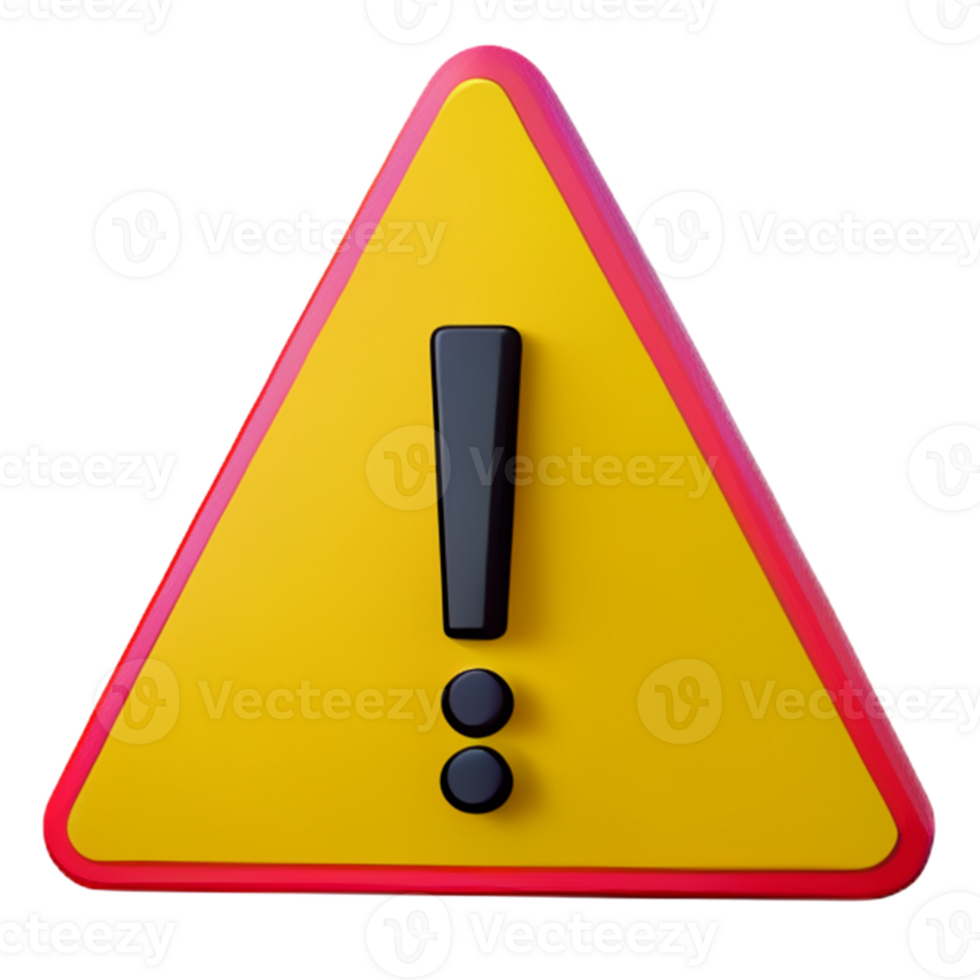 3D exclamation mark in triangle icon realistic yellow triangle warning sign front view,  PNG format, transparent background, ai generated
