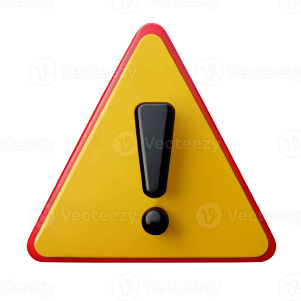 3D exclamation mark in triangle icon realistic yellow triangle warning sign front view,  PNG format, transparent background, ai generated