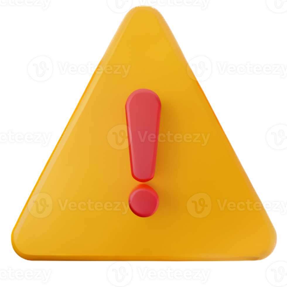 3D exclamation mark in triangle icon realistic yellow triangle warning sign front view,  PNG format, transparent background, ai generated