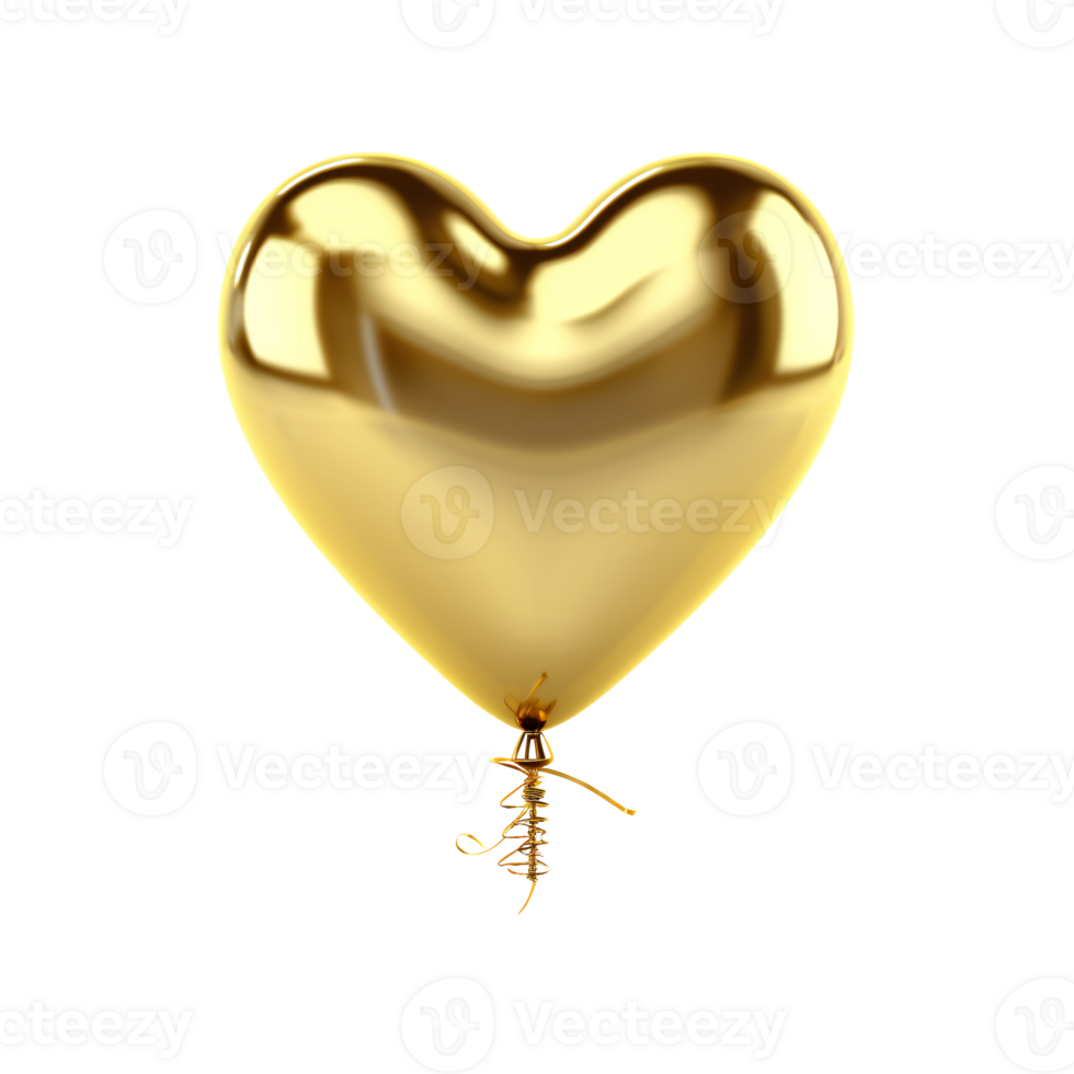 Heart Balloon. Gold helium balloon. Glossy, shiny with reflection foil balloon. Gold color. Good for anniversary wedding, celebration birthday. Happy St. Valentine's day. Love symbol. AI generated png
