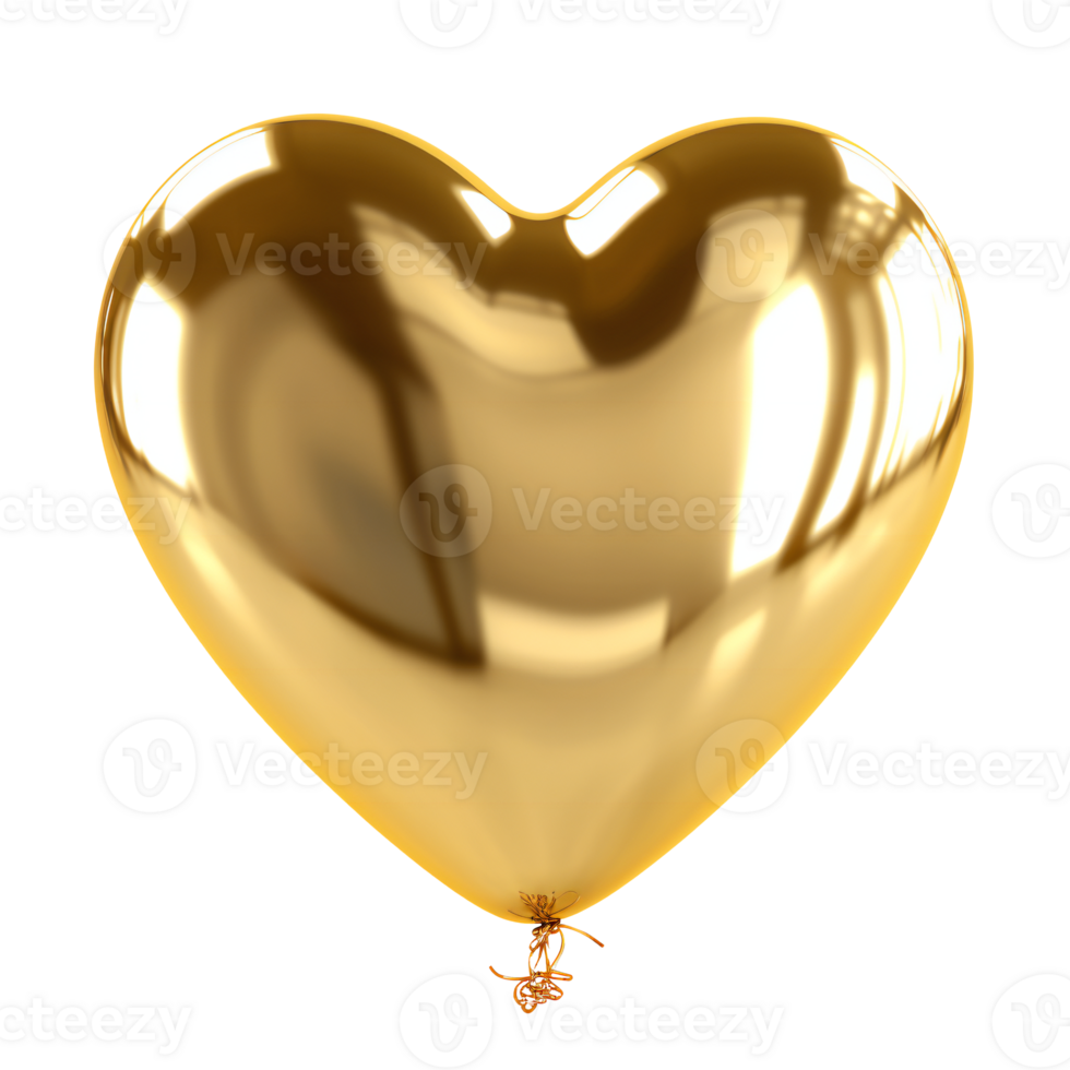 Heart Balloon. Gold helium balloon. Glossy, shiny with reflection foil balloon. Gold color. Good for anniversary wedding, celebration birthday. Happy St. Valentine's day. Love symbol. AI generated png