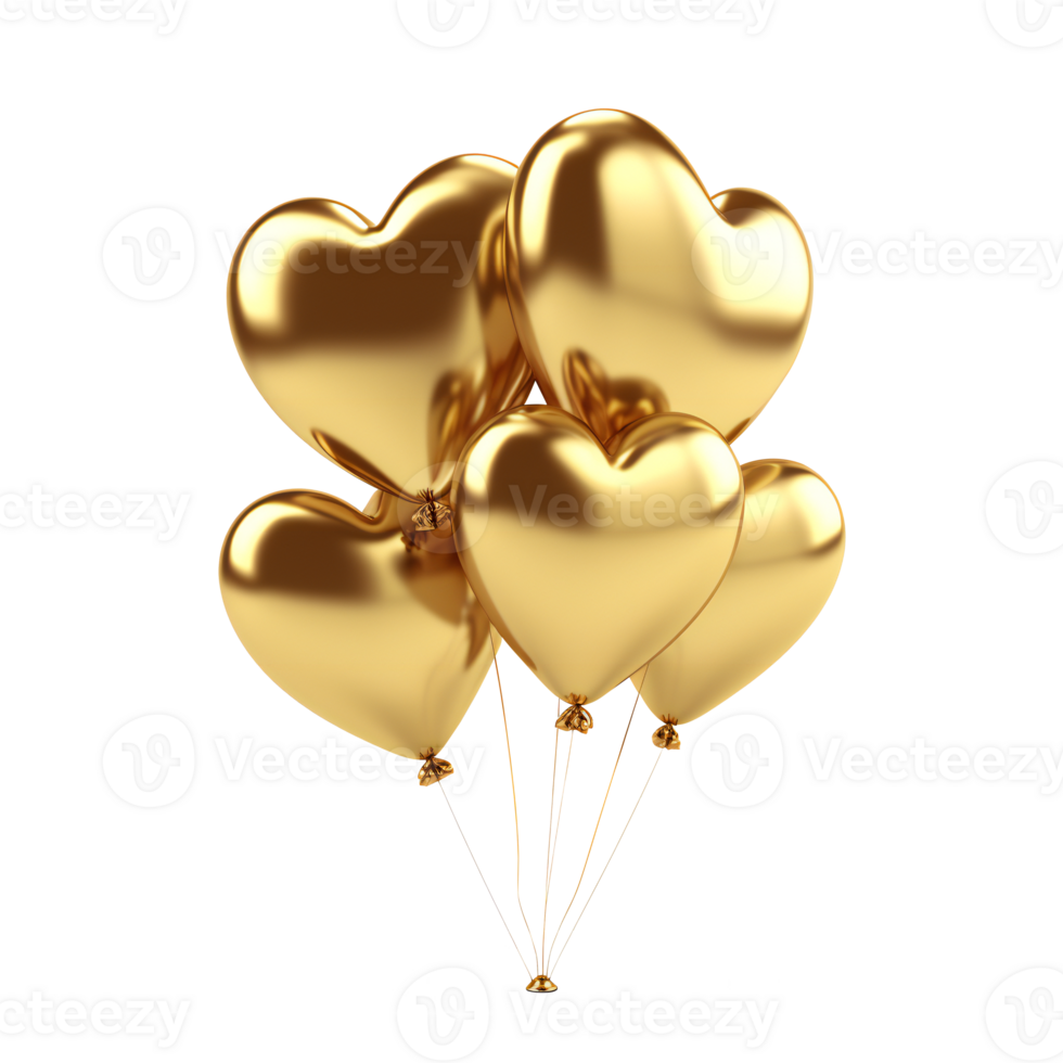 Heart Balloon. Gold helium balloon. Glossy, shiny with reflection foil balloon. Gold color. Good for anniversary wedding, celebration birthday. Happy St. Valentine's day. Love symbol. AI generated png