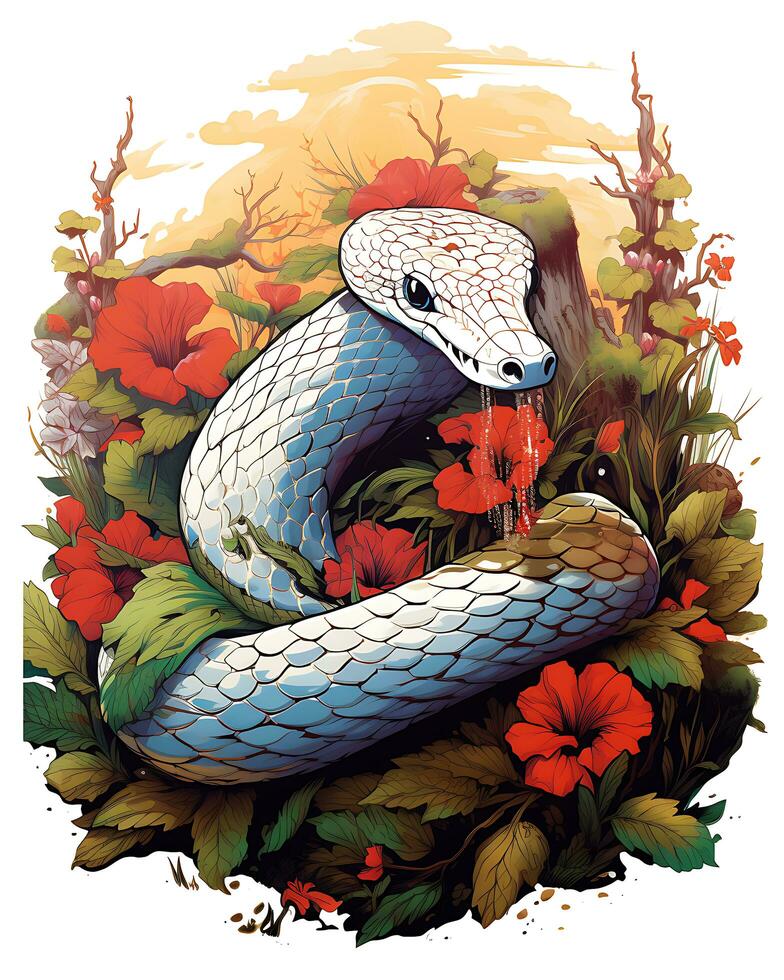 un vistoso de cerca serpiente en el verde encantado bosque vector ilustración antecedentes foto