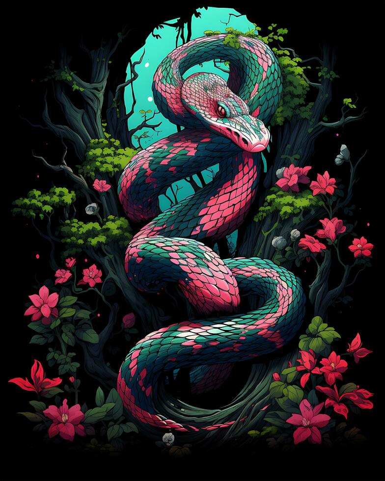 un vistoso de cerca serpiente en el verde encantado bosque vector ilustración antecedentes foto