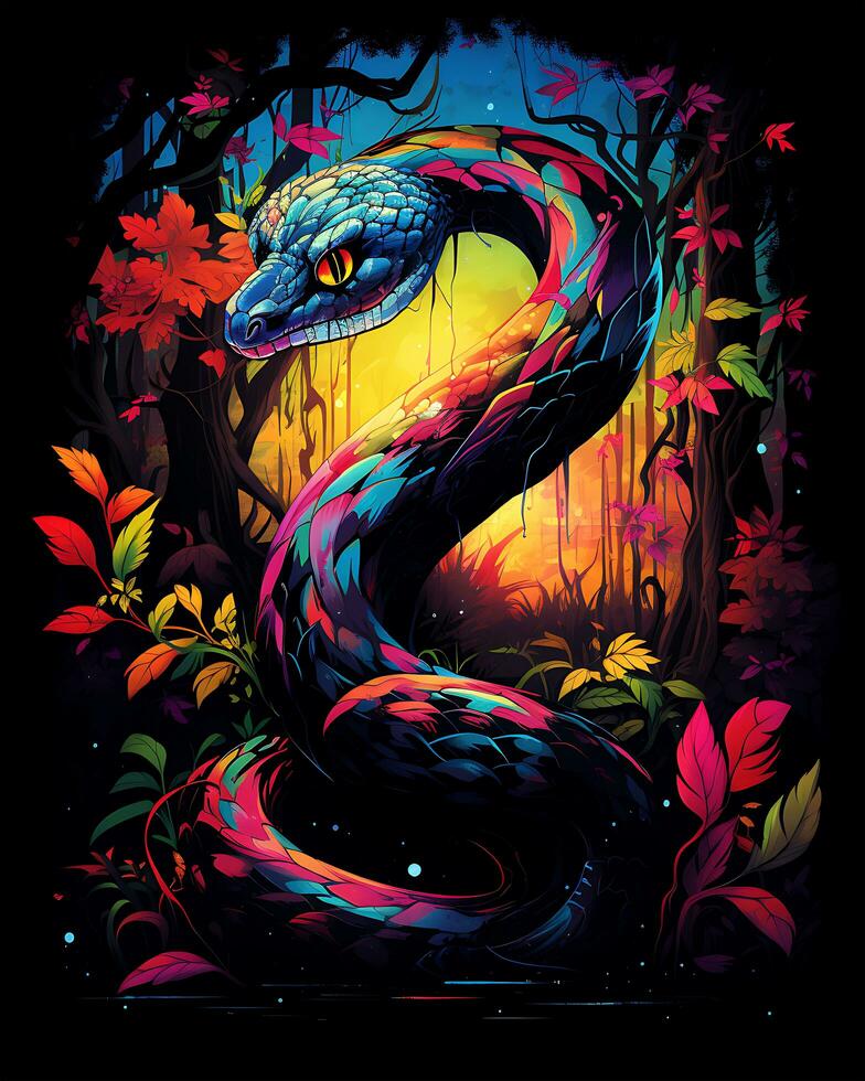 A colorful Closeup Snake in the green Enchanted Woods Vector illustration background photo