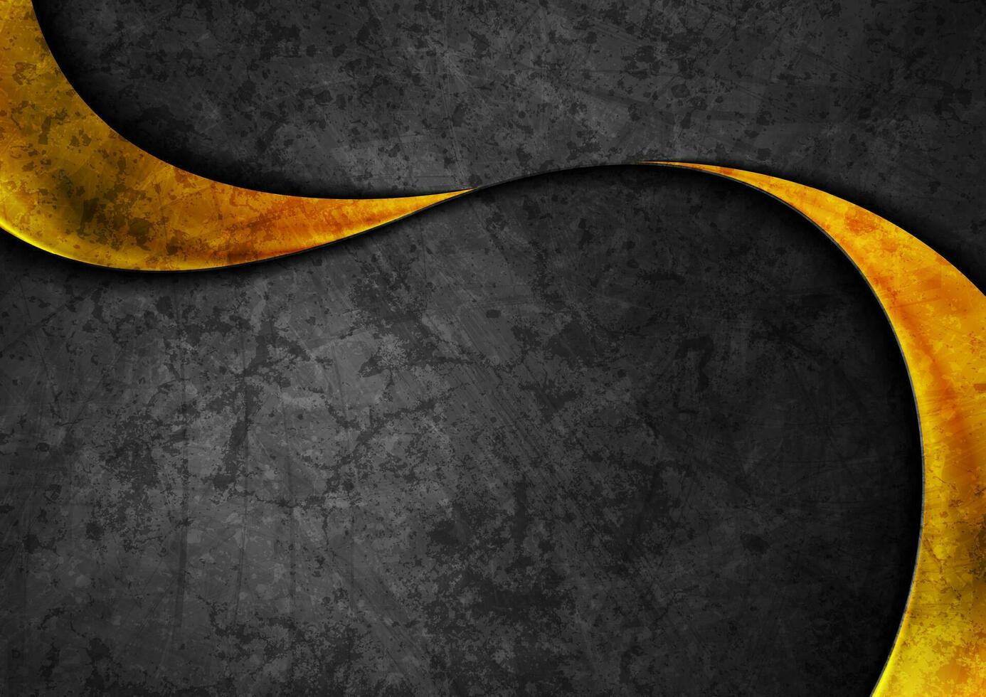 Black grunge wall background with golden glossy waves vector
