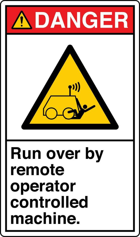 ANSI Z535 Safety Sign Marking Label Symbol Pictogram Standards Danger Run over by remote operator controlled machine with text portrait white vector