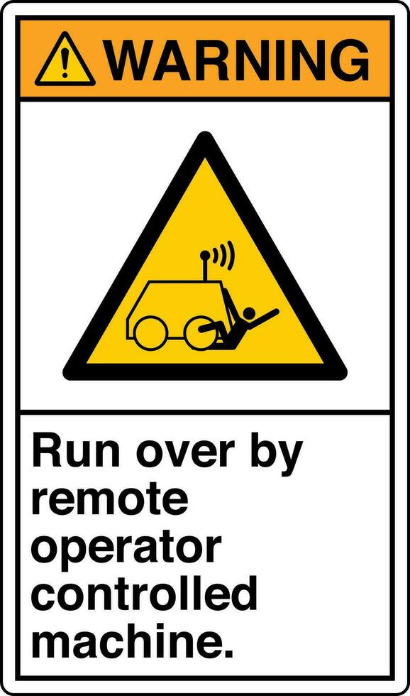 ANSI Z535 Safety Sign Marking Label Symbol Pictogram Standards Warning Run over by remote operator controlled machine with text portrait white vector