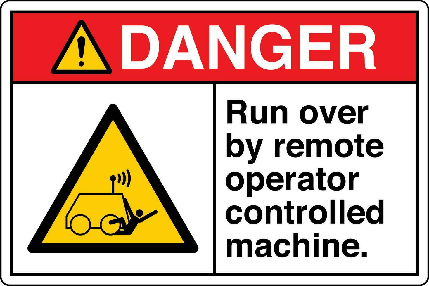 ANSI Z535 Safety Sign Marking Label Symbol Pictogram Standards Danger Run over by remote operator controlled machine with text landscape white vector