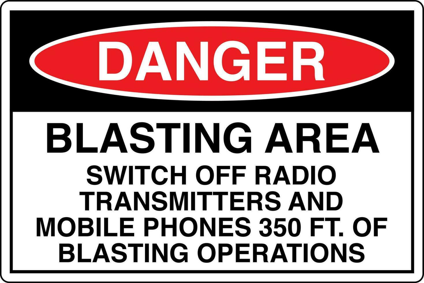 OSHA standards symbols registered workplace safety sign danger caution warning BLASTING AREA SWITCH OFF RADIO TRANSMITTERS AND MOBILE PHONES 350 FT OF BLASTING OPERATIONS vector