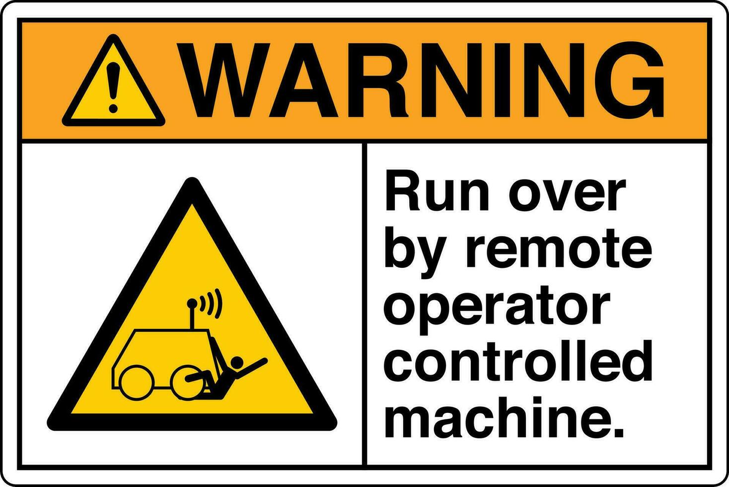 ANSI Z535 Safety Sign Marking Label Symbol Pictogram Standards Warning Run over by remote operator controlled machine with text landscape white vector