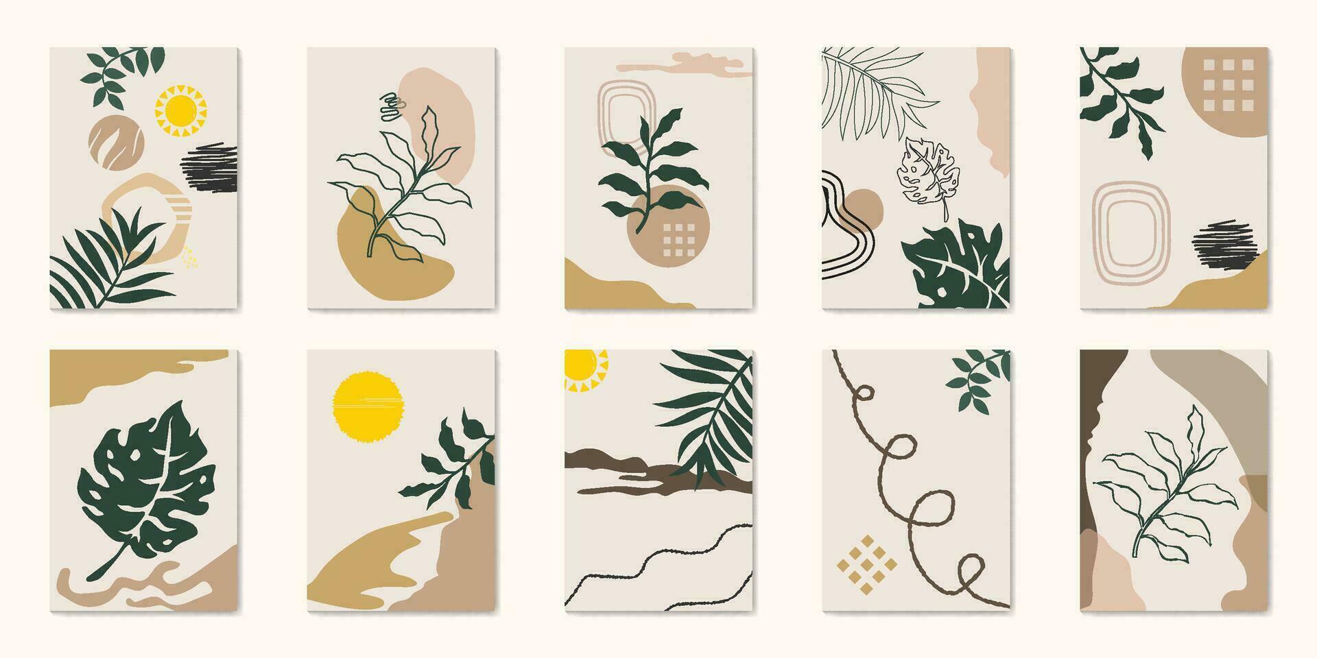 Botanical wall art vector set. Earth tone boho foliage line art drawing with abstract shape. Abstract Plant Art design for print, cover, wallpaper, Minimal and natural wall art