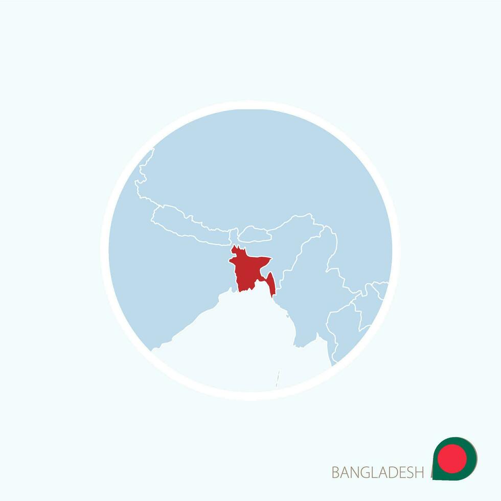 Map icon of Bangladesh. Blue map of South Asia with highlighted Bangladesh in red color. vector