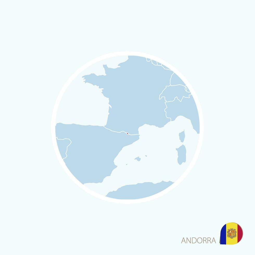 Map icon of Andorra. Blue map of Europe with highlighted Andorra in red color. vector