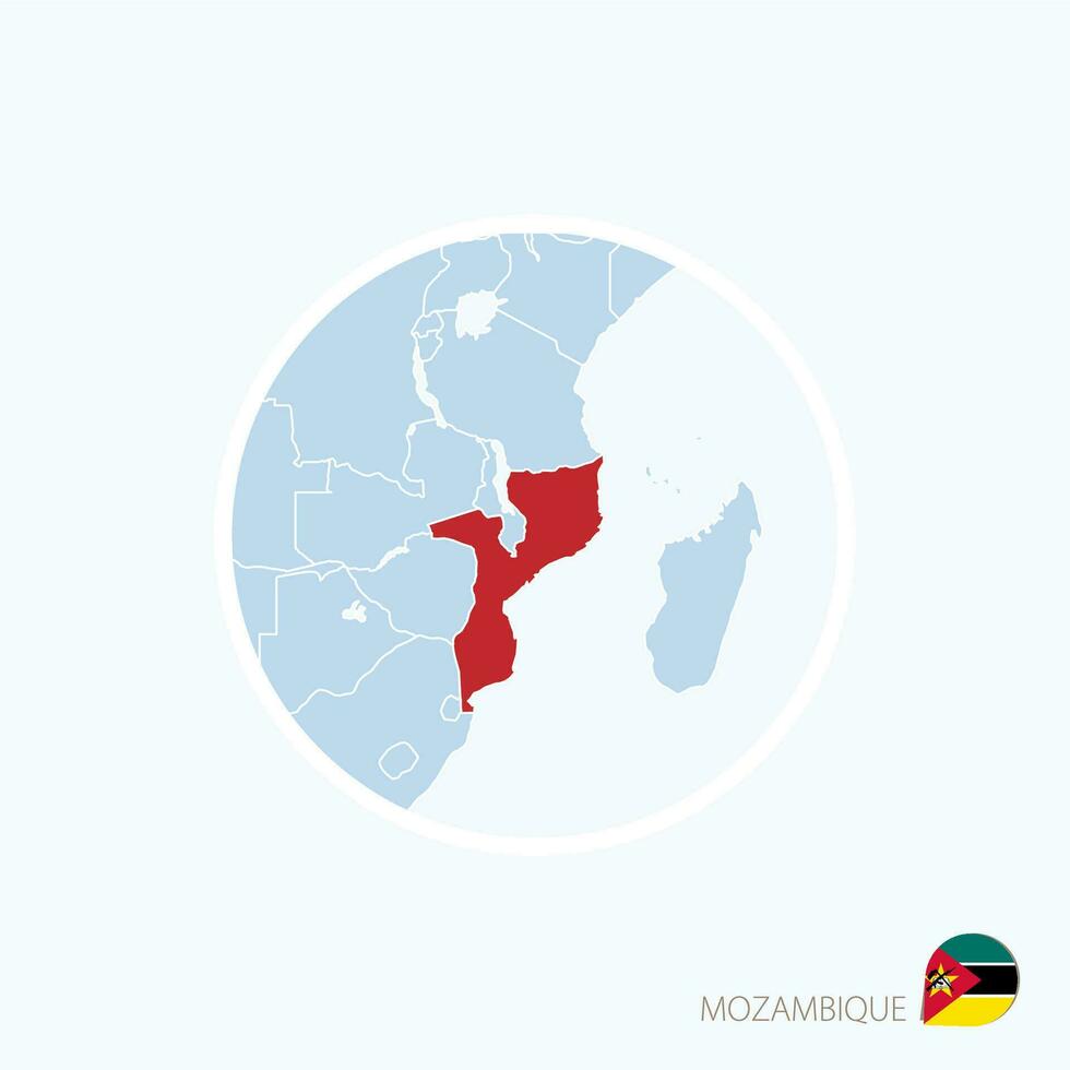 Map icon of Mozambique. Blue map of Africa with highlighted Mozambique in red color. vector