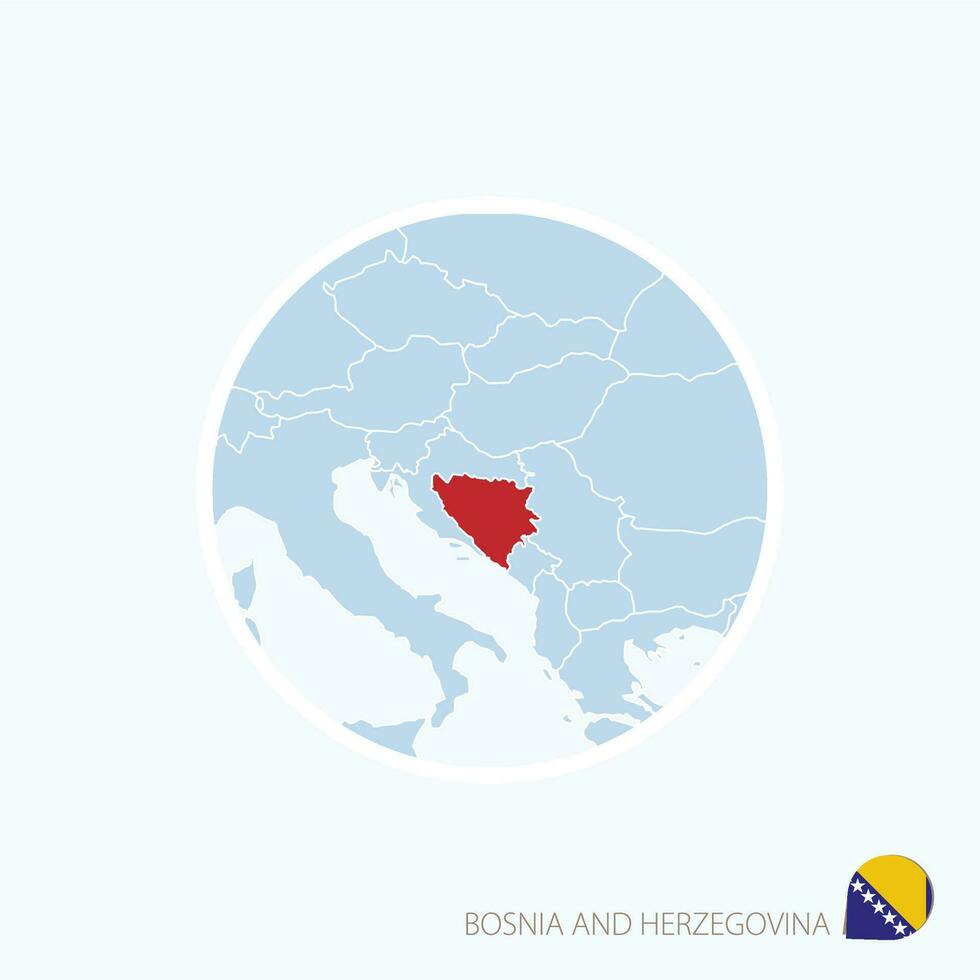 Map icon of Bosnia and Herzegovina. Blue map of Europe with highlighted Bosnia and Herzegovina in red color. vector