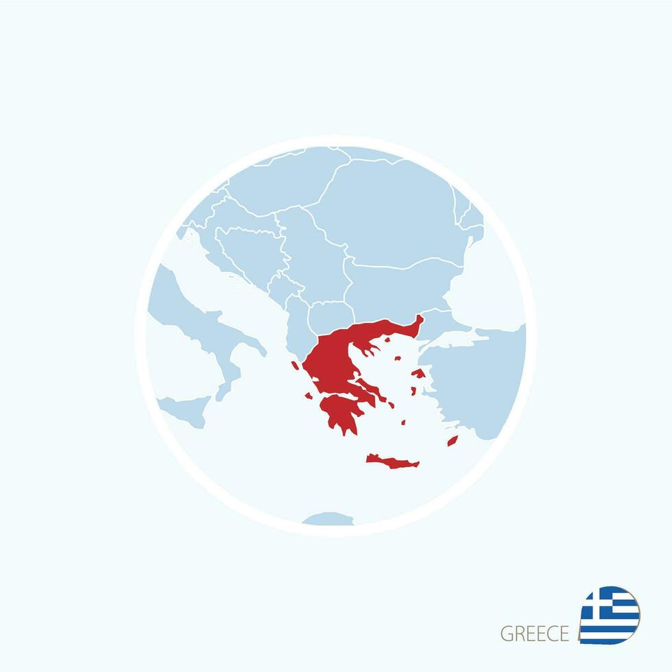 Map icon of Greece. Blue map of Europe with highlighted Greece in red color. vector