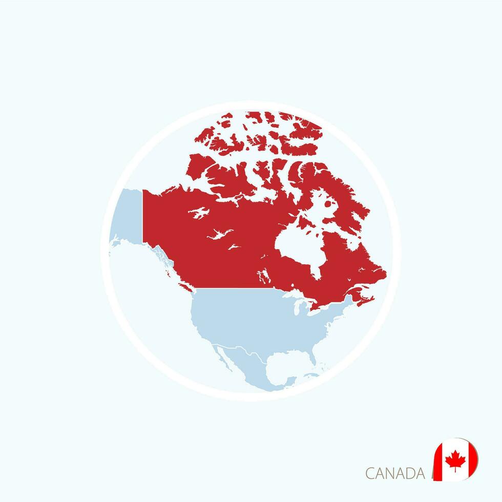 Map icon of Canada. Blue map of North America with highlighted Canada in red color. vector