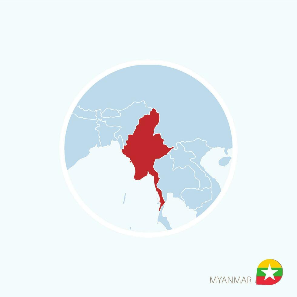 Map icon of Myanmar. Blue map of Asia with highlighted Myanmar in red color. vector