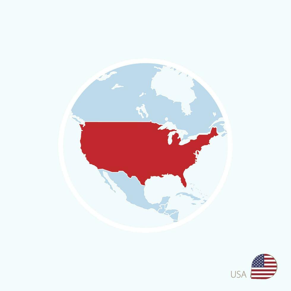 Map icon of USA. Blue map of North America with highlighted United States of America in red color. vector