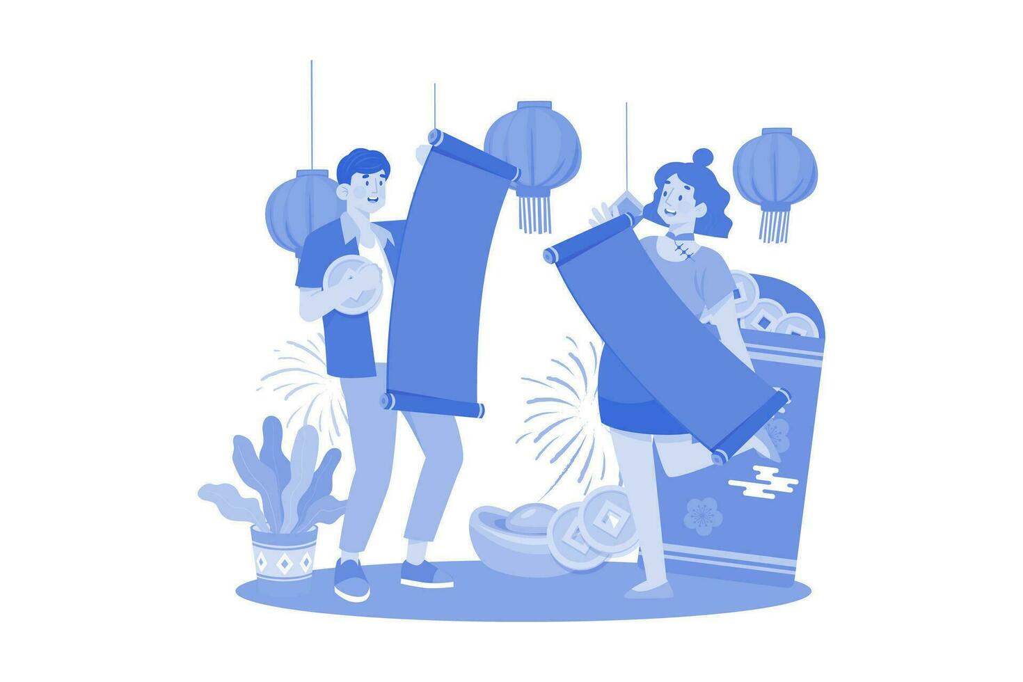 The Couple Gives Lucky Wishes For The New Year. vector