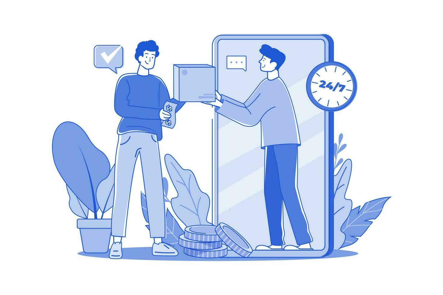 The Man Receives The Goods From The Delivery Man Through The Phone Screen vector