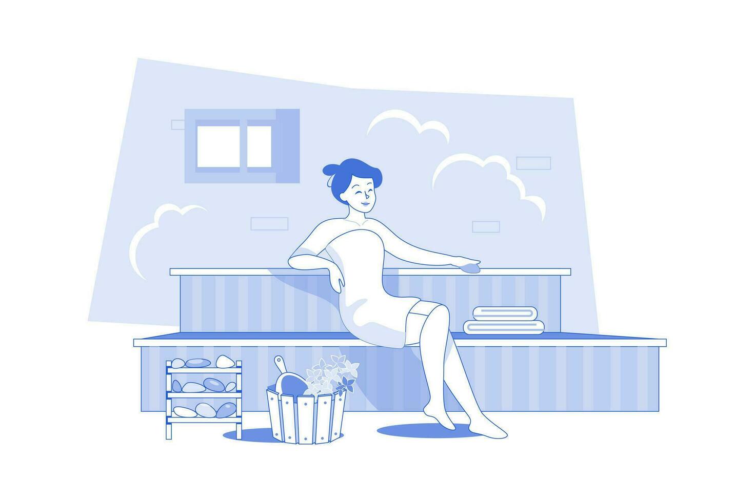 Woman Relaxing In The Sauna. vector