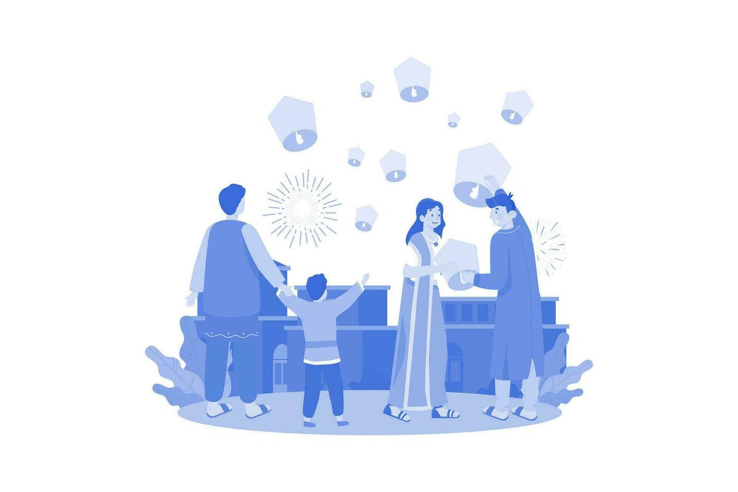 Family Releasing Sky Lanterns In The Evening Sky Indian Festival vector