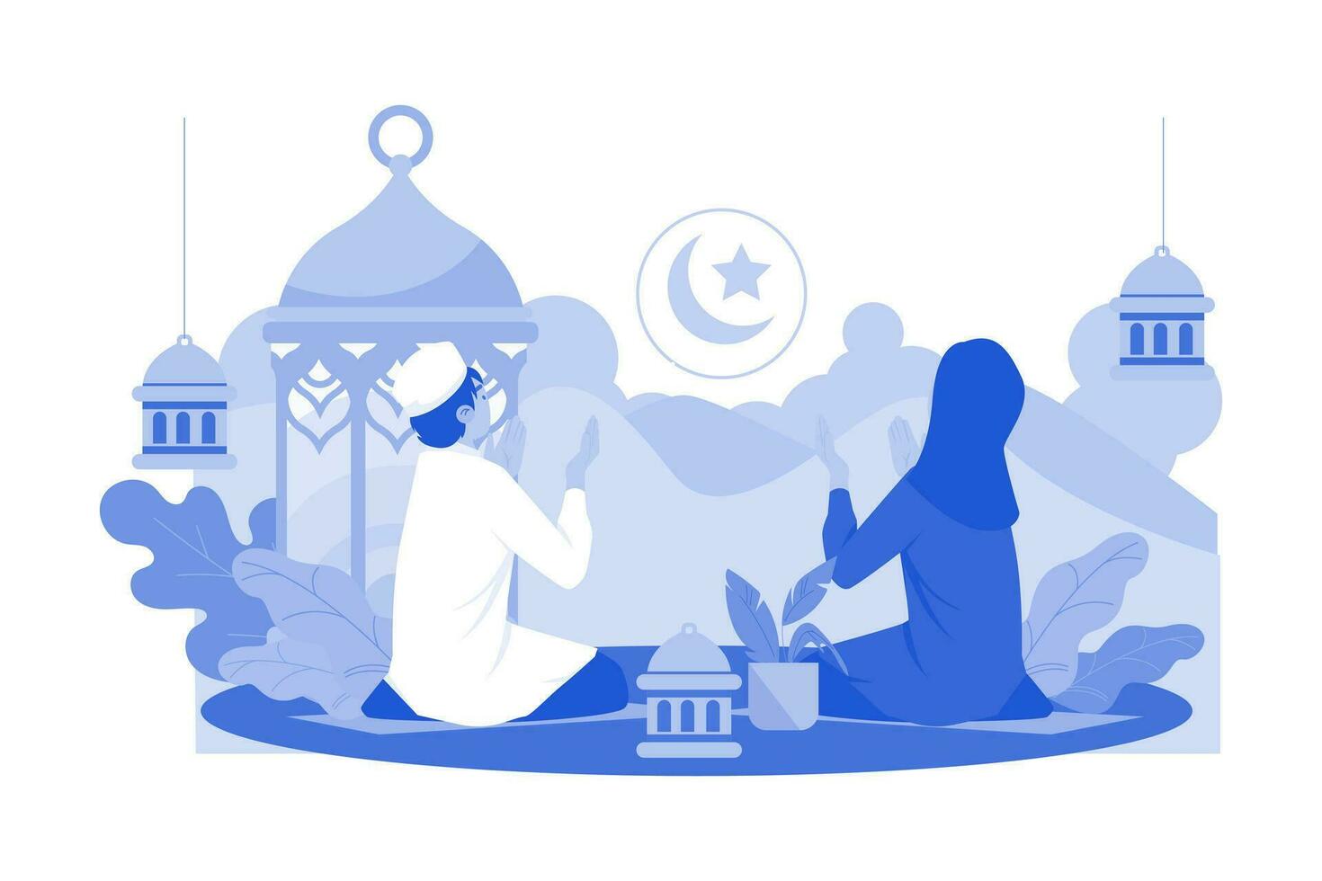 Muslim Couple Praying On Night Ramadan vector