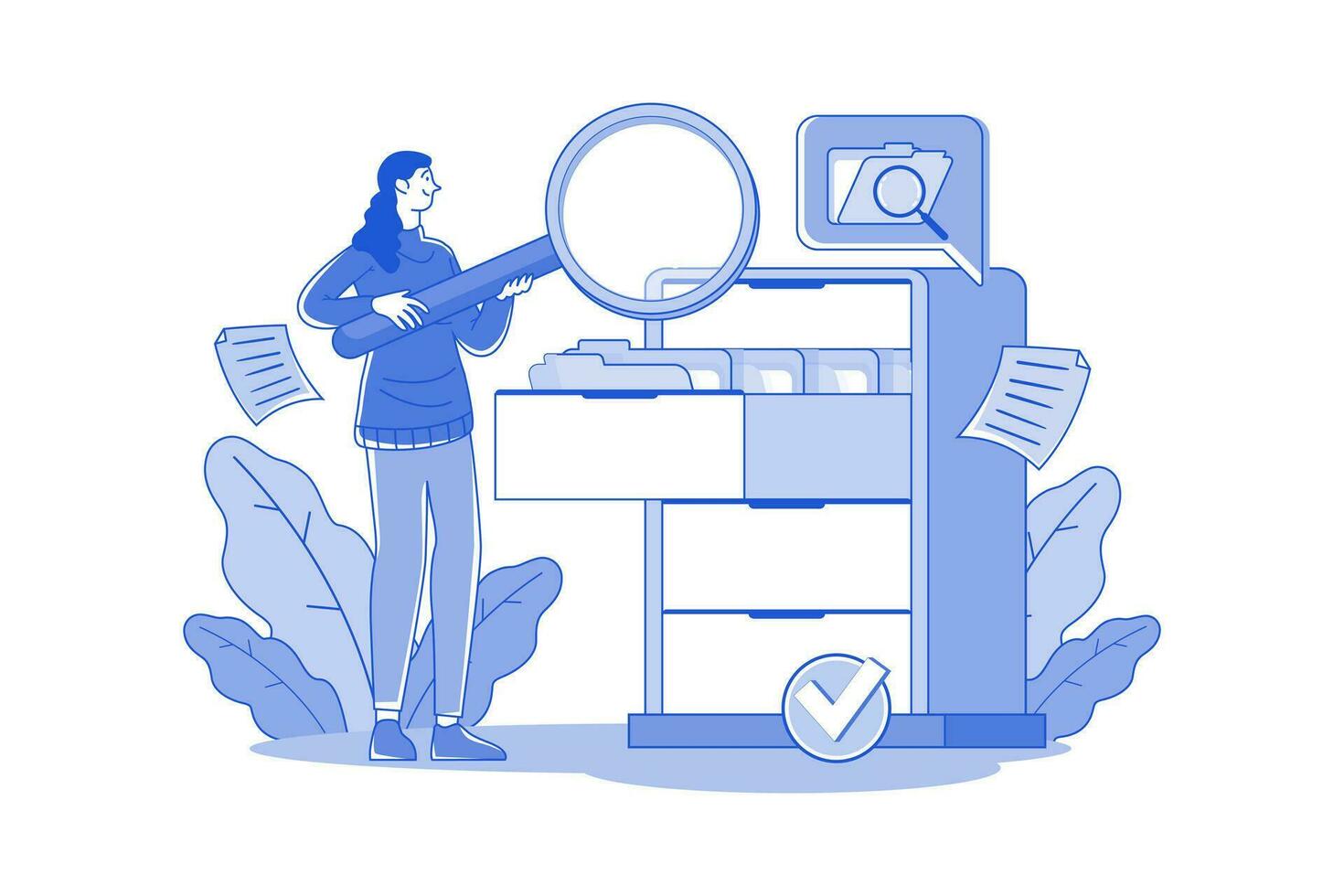 Female Manager Holding A Magnifying Glass And Looking For Documents In The Cabinet vector