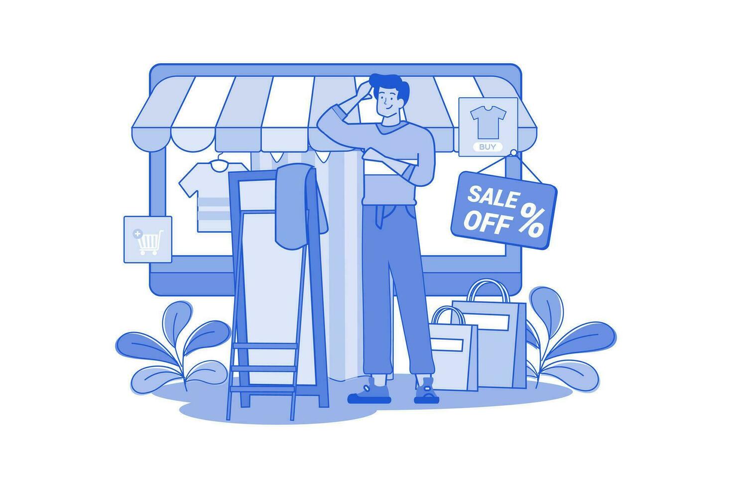 Guy Fitting Clothes In A Dressing Room At A Fashion Online Shop vector