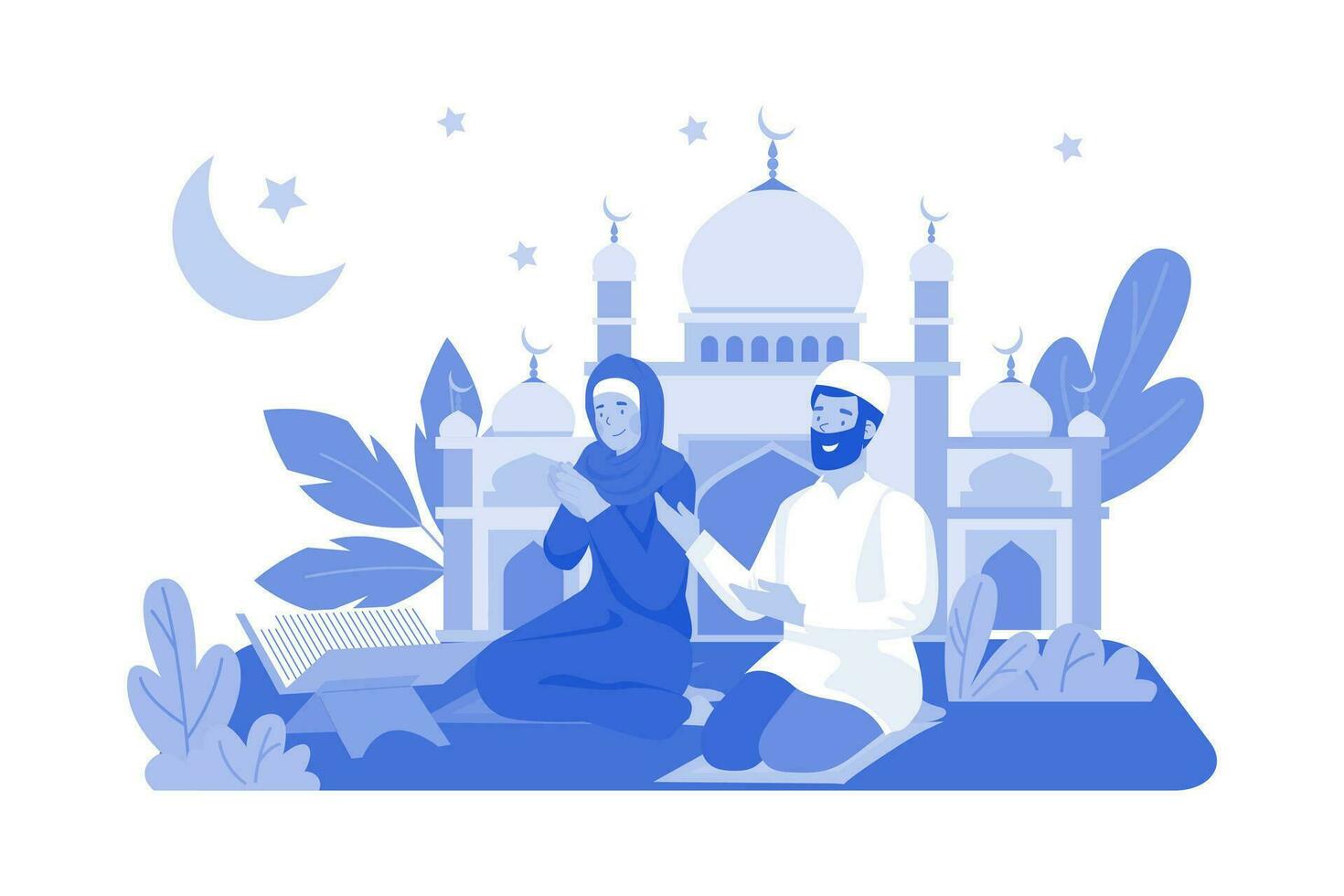 Muslim Couple Are Reading Al Quran In Front Of Mosque vector