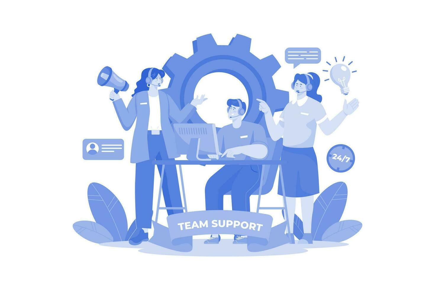 El departamento de soporte del equipo asesora a los trabajadores de la oficina del cliente. vector