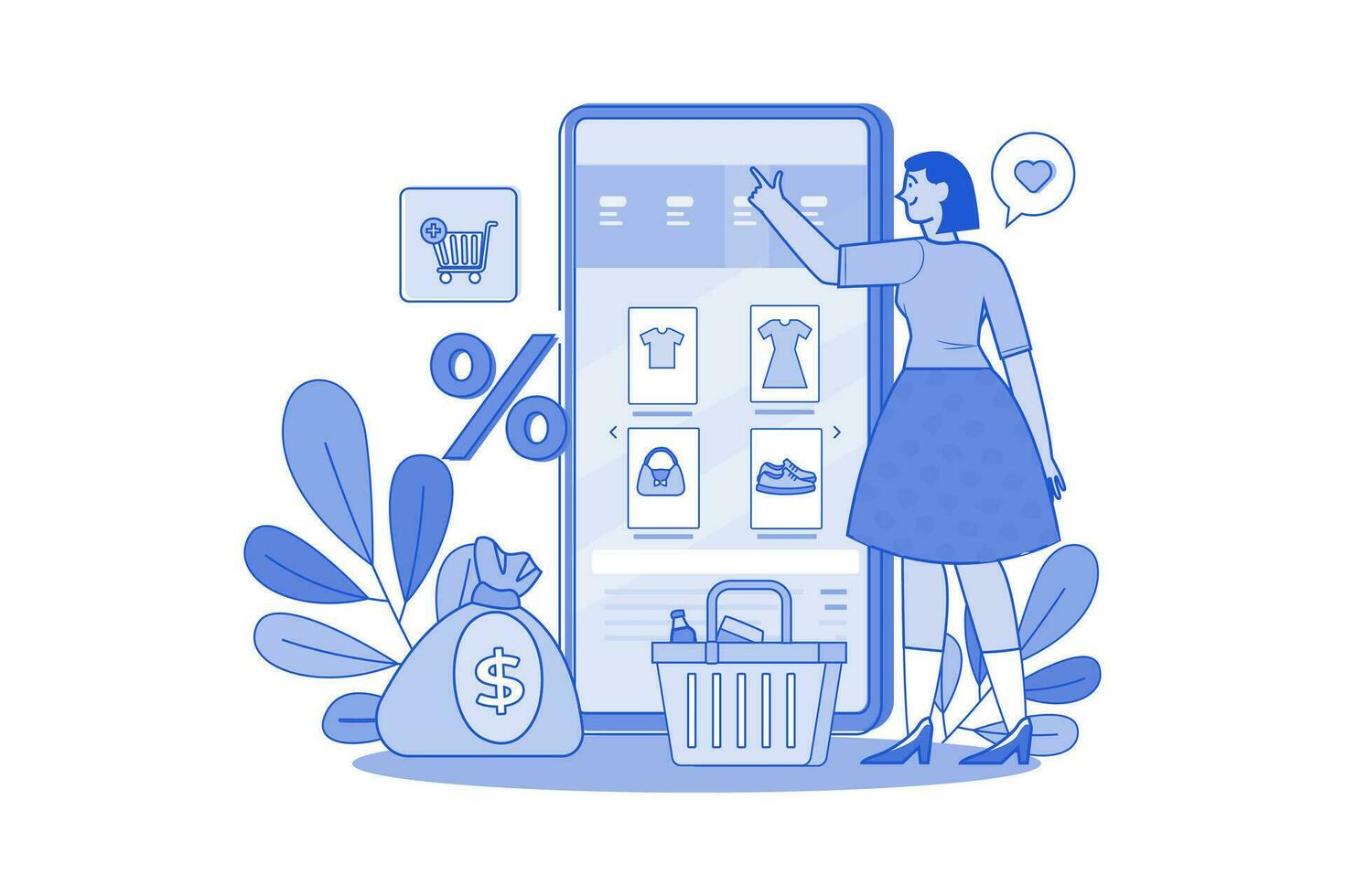 A Young Girl Searching For Goods In An E-Shop vector