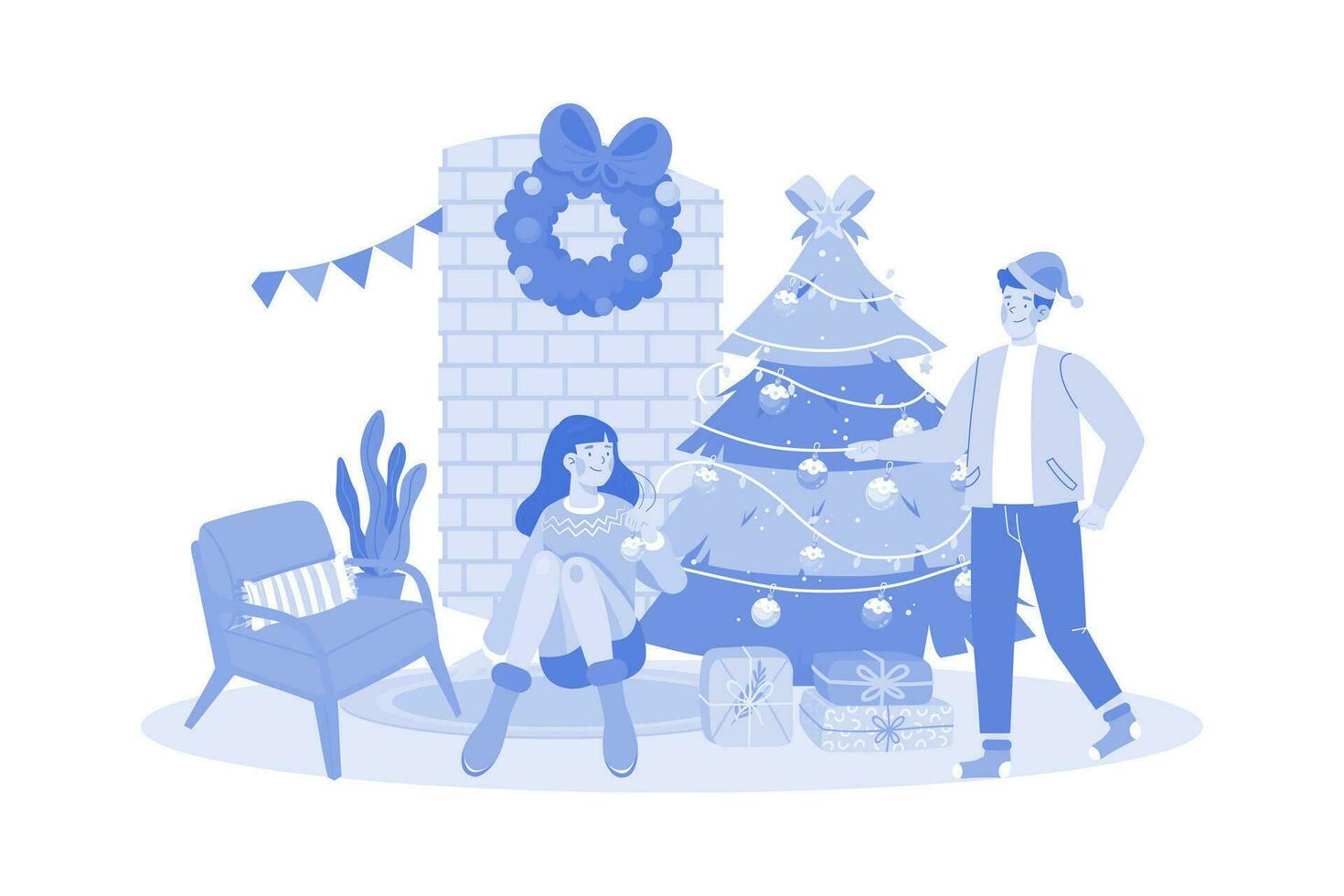 pareja decoración árbol de navidad juntos vector