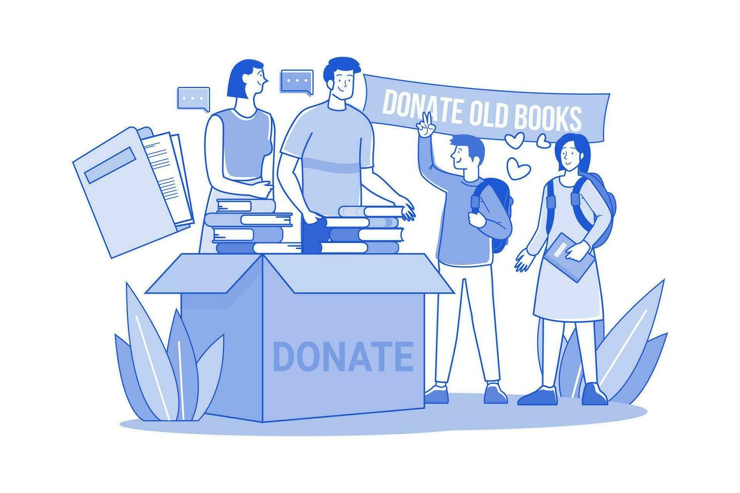 grupo de voluntarios dona libros y periódicos viejos a estudiantes pobres vector
