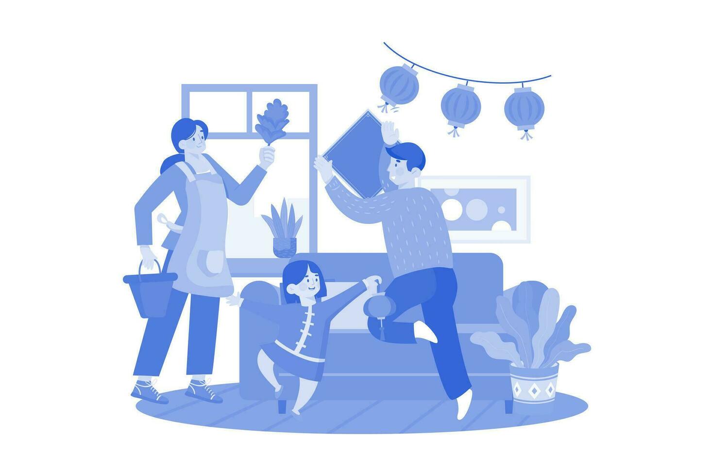 The Family Has Wall Decorations When Preparing The House For The Lunar New Year. vector