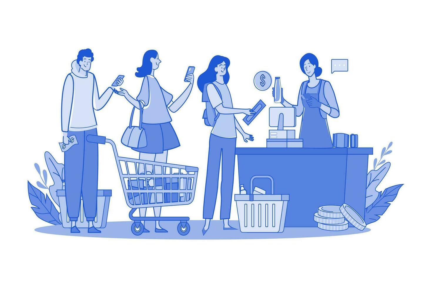 Crowd Of People Using Gadgets Waiting In Line At Checkout In A Supermarket vector