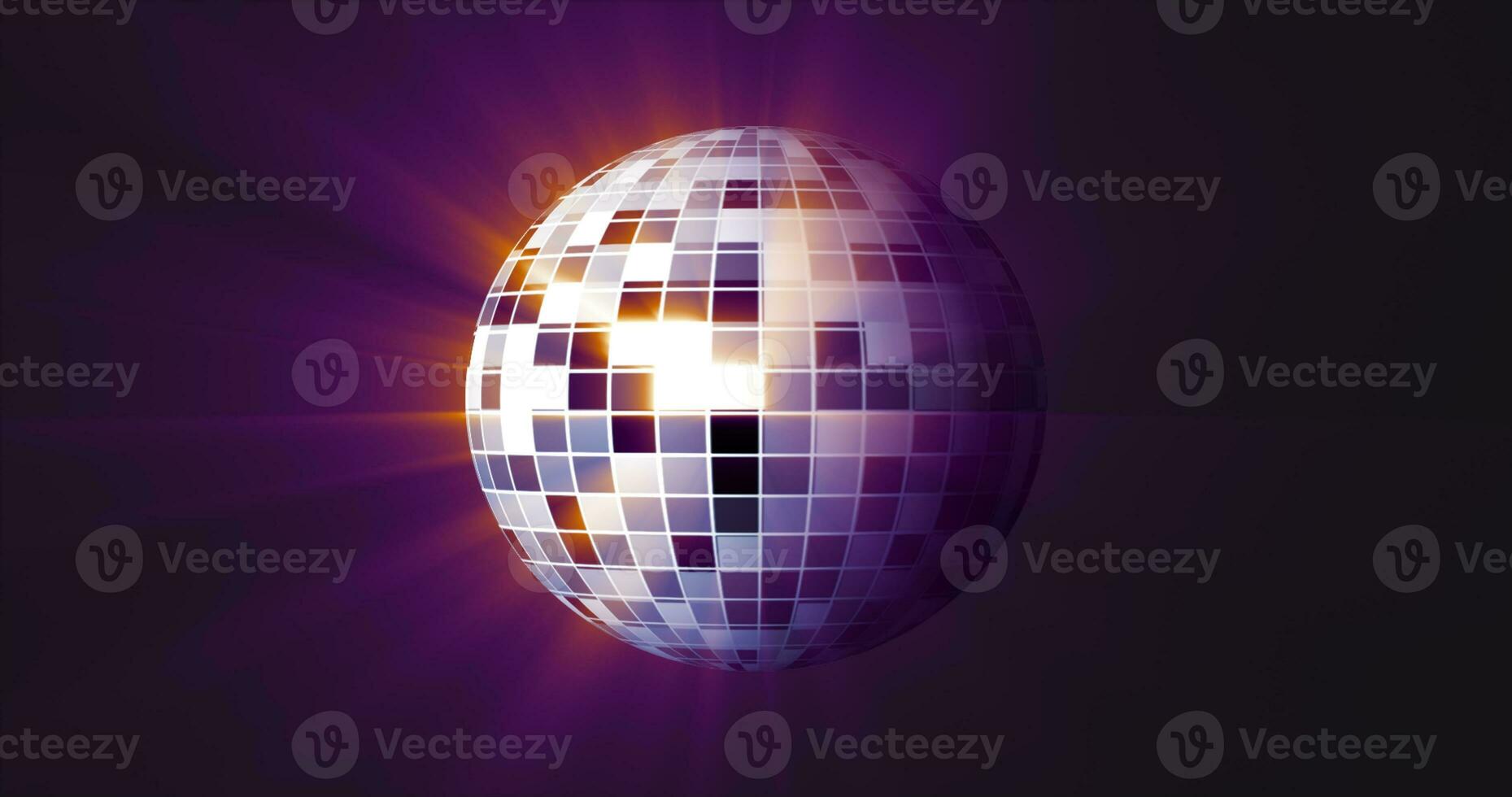 Abstract purple mirrored spinning round disco ball for discos and dances in nightclubs 80s, 90s luminous background photo